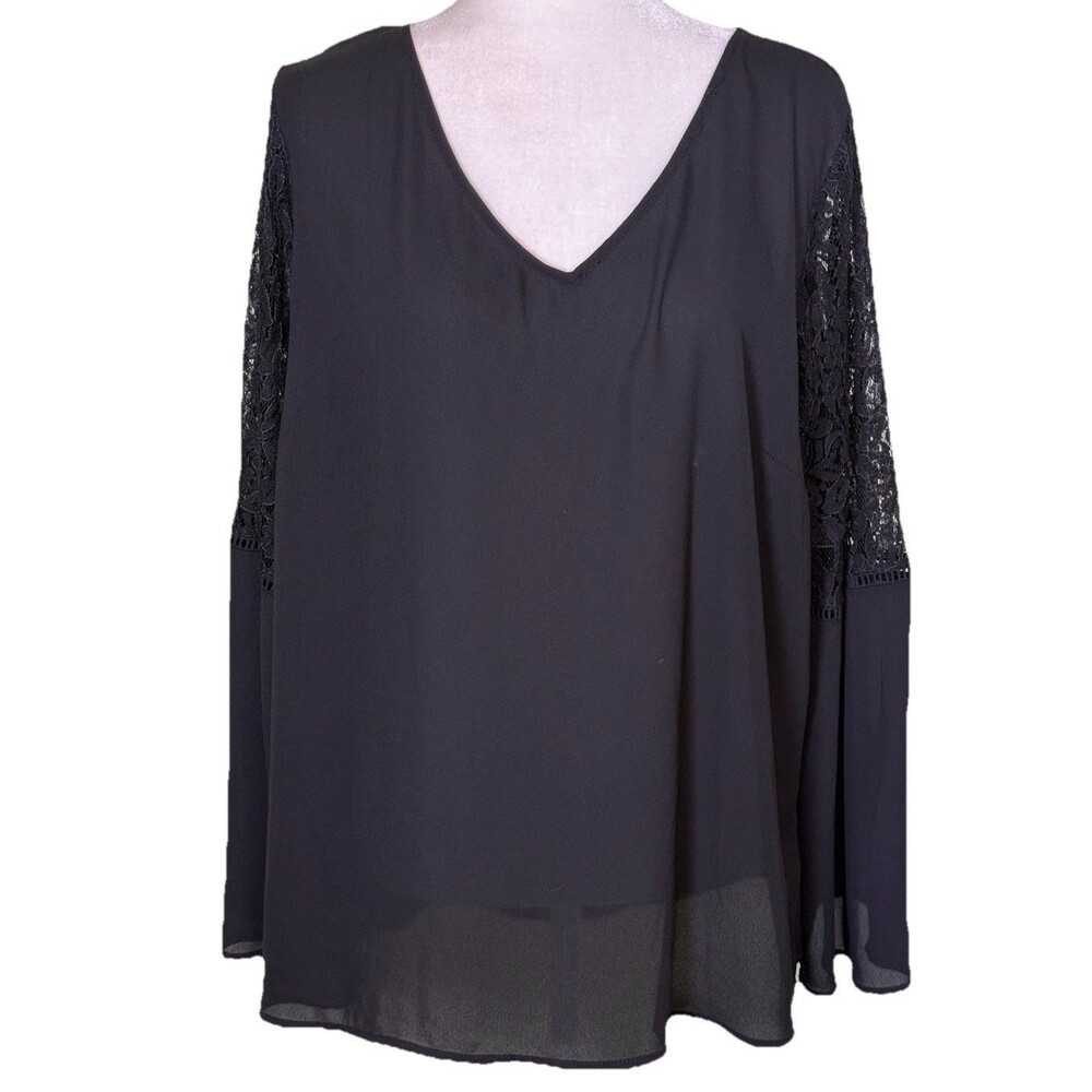 Apt 9 Women's Black Chiffon Romantic Lace Sleeves Sheer Boho Chic Tunic Top 2XL